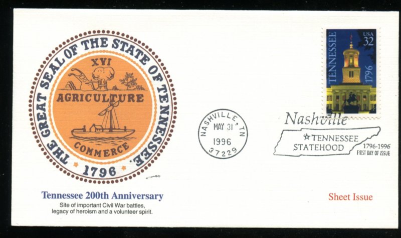 US 3070 Tennessee Statehood - Bicentennial UA Fleetwood cachet FDC