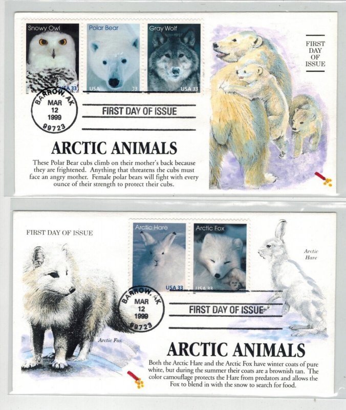 DYNAMITE HANDPAINTED OR TINTED ARCTIC ANIMALS SET OF 5 ON 2 FDCs POLAR BEAR ETC 