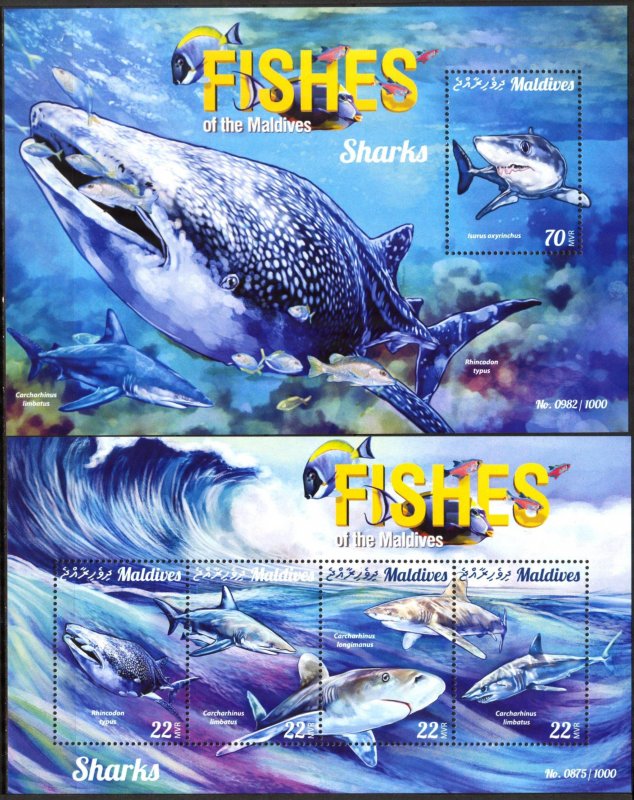 Maldive Islands 2015 Marine Life Sharks Sheet + S/S MNH