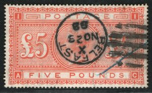 GB IRELAND QV High Value SG.137 £5 Orange BELFAST 1888 CDS Used c£3,500+ GRED44 