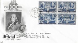1947 FDC, #947, 3c Stamp Centenary, Art Craft M-26, block of 4