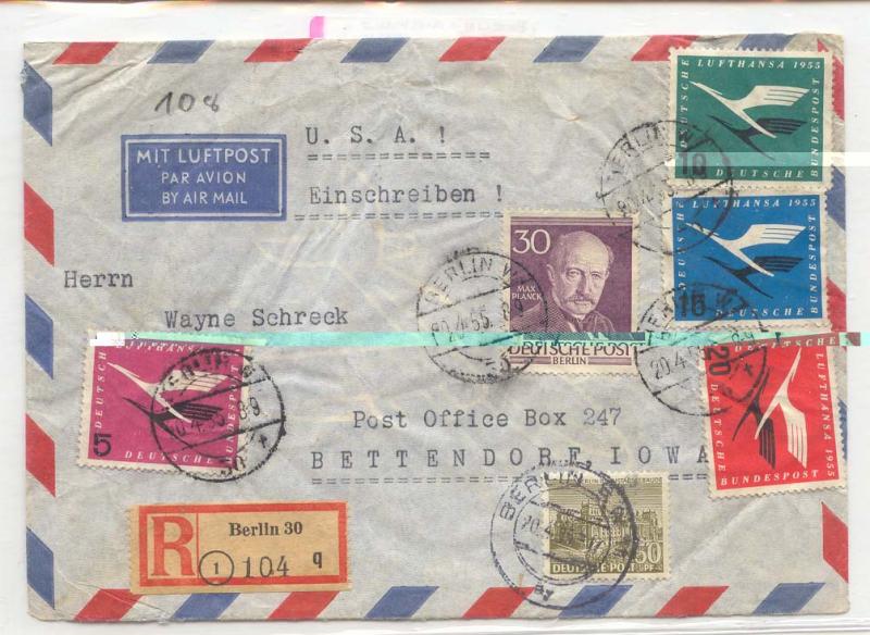 Germany Berlin 1955 air email cover to US Scarce (Germany pl