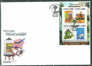 UGANDA 2013 STAMP ON STAMP MOTIF DINOSAURS  SHEET  FIRST DAY COVER