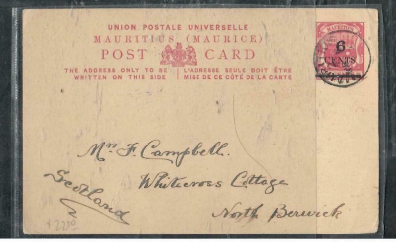 MAURITIUS COVER (P3006B)  1903 6C/8C PSC SENT TO ENGLAND WITH MSG  PORT LOUIS