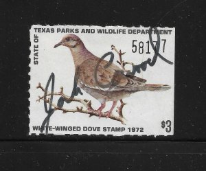 State Hunting/Fishing Revenues: TX 1972 White-Wing Dove Stamp TXD-2 ($3) Used