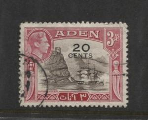 ADEN - Scott 39 - Overprint - 1951- Used - Single 20c on a 3a Stamp