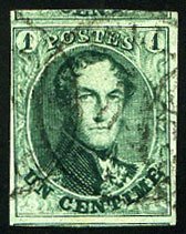 Belgium #9b (COB 9b), 1861 1c dark green, used, large margins including part ...