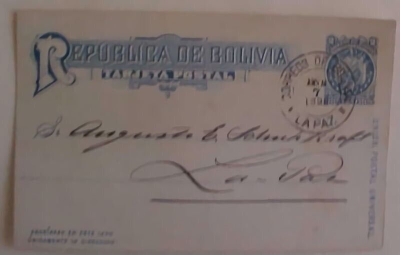 BOLIVIA POSTAL CARD LA PAZ 1893 TO LA PAZ