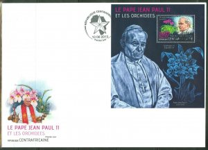 CENTRAL AFRICA  2013 ORCHIDS & POPE JOHN PAUL II  SOUVENIR SHEET FIRST DAY COVER