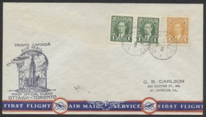 1939 Ottawa to Toronto Flight Cover MAR 1-2 Mufti 1c Coils + 4c Franking #3903l