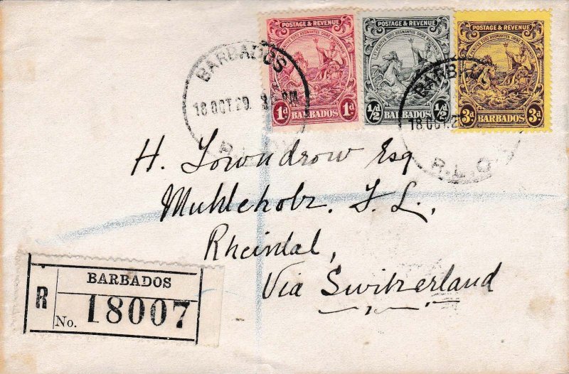Barbados 1929 Registered Cover to Liechtenstein.