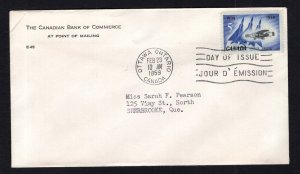 Canada #383 (1959 Silver Dart First Flight issue) addressed non-cachet FDC