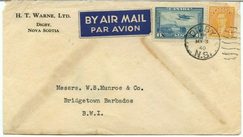 10c Airmail per 1/4oz w/4c mufti + 6c 1940 BARBADOS BWI w/receiver Canada cover