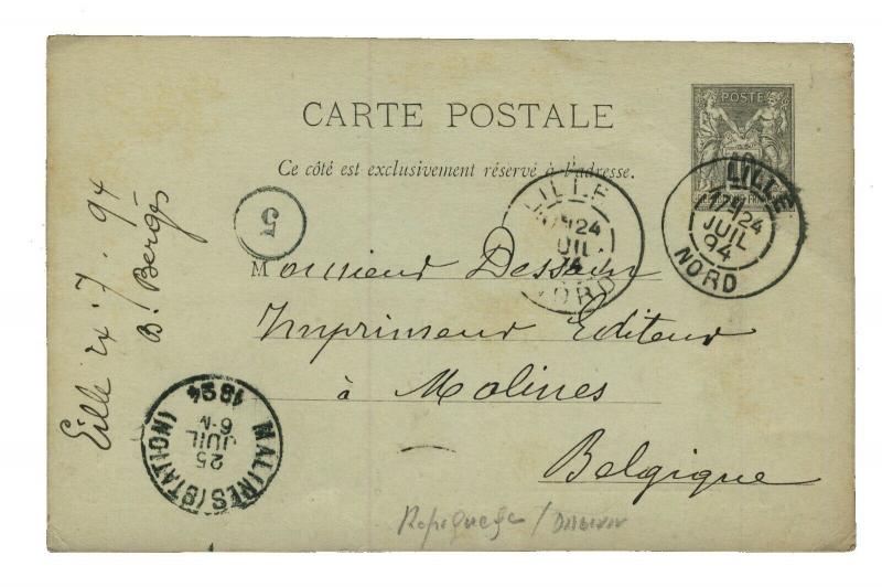 FRANCE 1894 Daguin de Lille sur entier CP 10c Sage repiqué (Librairie Bergès)