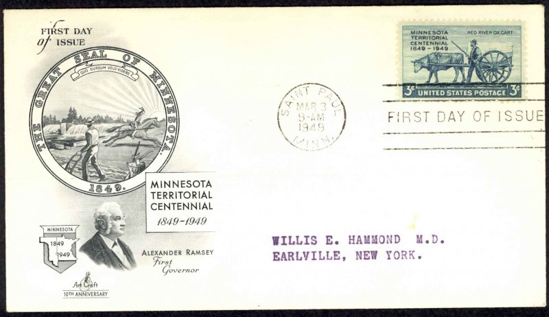 USA Sc# 981 (ArtCraft) FDC (c) (Saint Paul, MN) 1949 3.3 Minnesota  100
