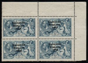 1922-23 Thom Saorstát 10/- corner block of 4 with re-touch to 0 in 10/-