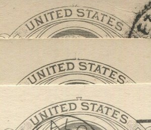 US 1890-92 UX9 Three used Postal Cards, Keystone Missing on two + Adv