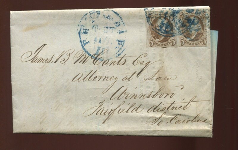 1 Franklin Imperf Used Pair on 1849 Legal Notice Philadelphia to South Carolina