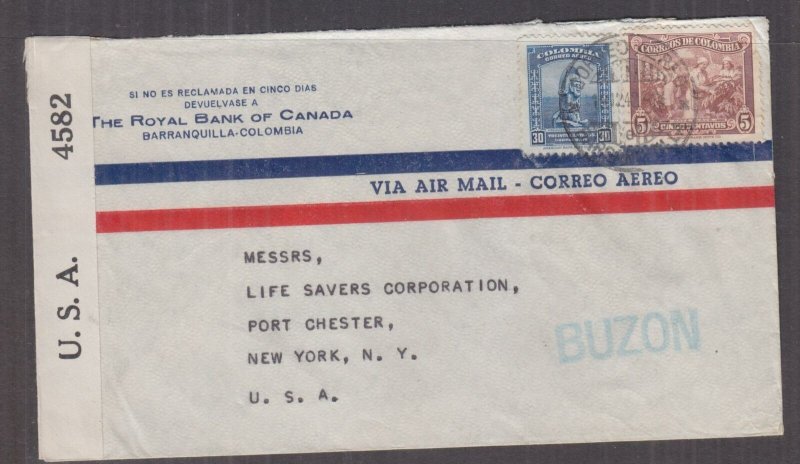 COLOMBIA 1942 Censored Airmail cover Barranquilla to USA 5c. 30c.