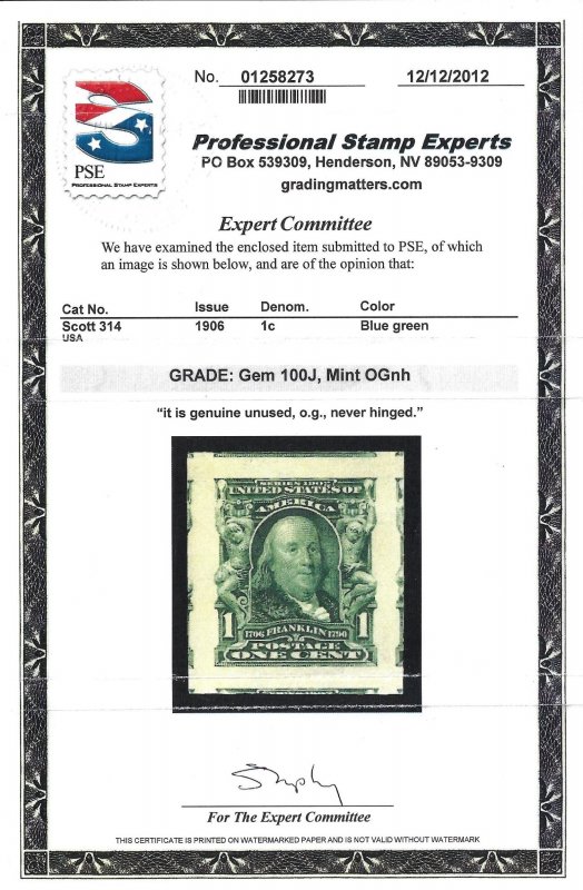 Scott #314 - $450.00 – GEM-OG-NH – PSE cert graded GEM-100J - Amazing JUMBO!!