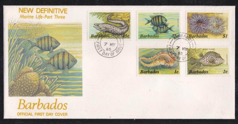 Barbados # 640-641, 650, 654-656, Marine Life,First Day Cover