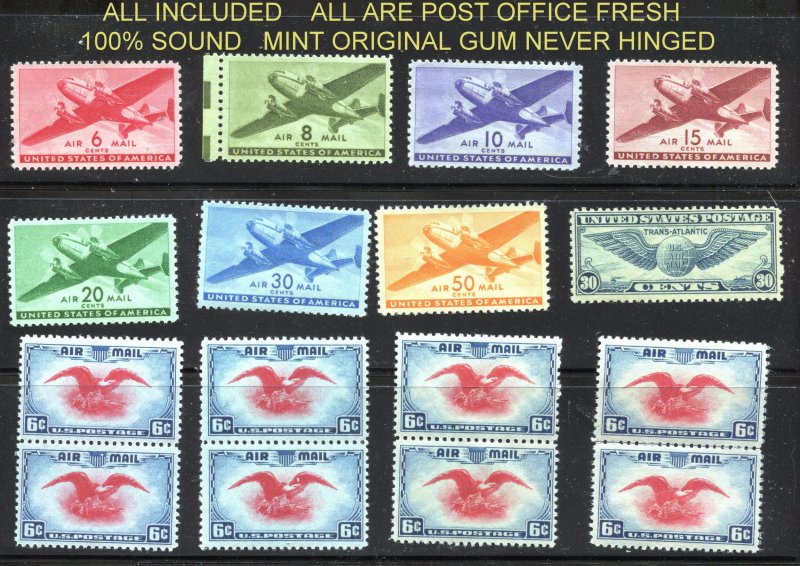 Quality Mint AIR selection  17 stamps total C24-C31 +C23(8)