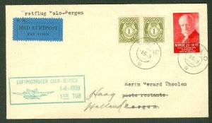 NORWAY 1939 First Flight cover Oslo-Bergen, proper cancels and cachet