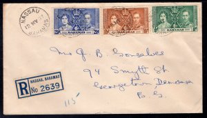 Bahamas 1937 Registered Coronation cover to British Guiana franked Scott 97-99