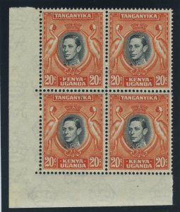 K.U.T. 1938 KGVI 20c deep black & deep orange (p13¼x13¾) block MNH. SG 139ba.