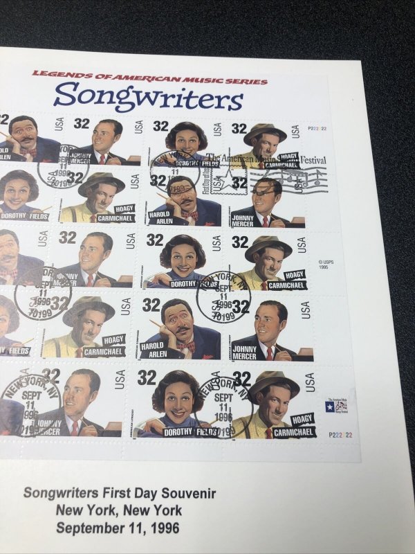 US 3100-03 Songwriters Souvenir Page Of 20 Stamps First Day Of Issue 1996 