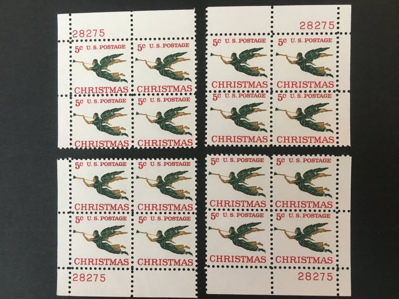 Scott #1276 Christmas Angel Matched Plate Blocks MNH