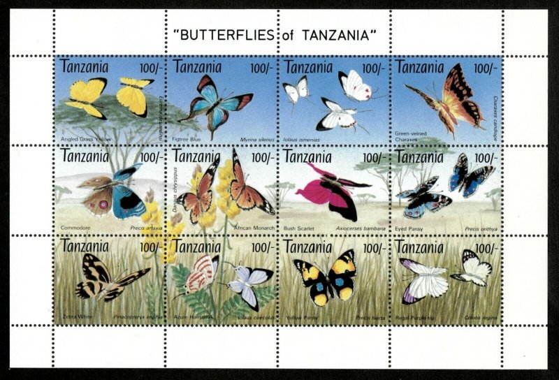 Tanzania 1993 - Butterflies of Tanzania - Sheet of 12 stamps - Scott 1054 - MNH