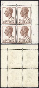 Australia 1951-2 SG 237a 6 1/2d brown RE-ENTRIES in corner block of 4 UM