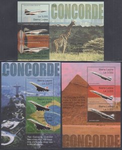 SIERRA LEONE Sc #2674-6a-c CPL MNH SET of 3 S/S - CONCORDE AIRCRAFT