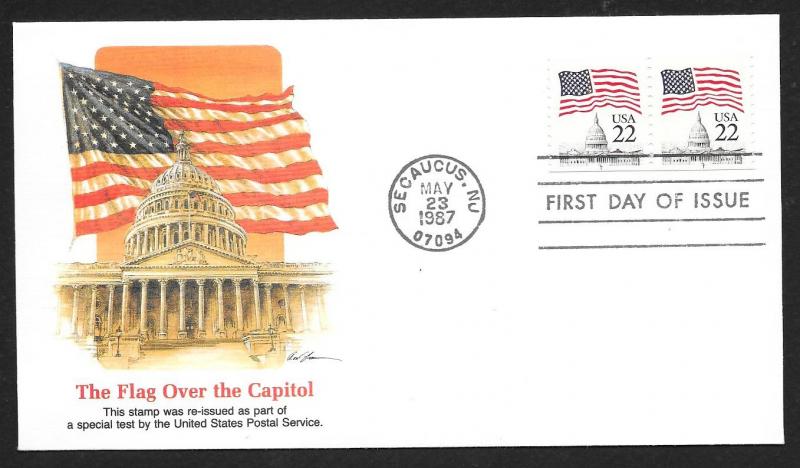 UNITED STATES FDC 22¢ Flag Test COIL PAIR 1987 Fleetwood