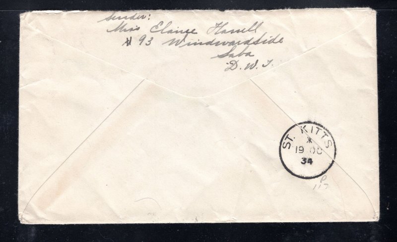 Netherlands Antilles 1934 Saba to NY Cover franked 12 1/2c Binckes, Scott 117