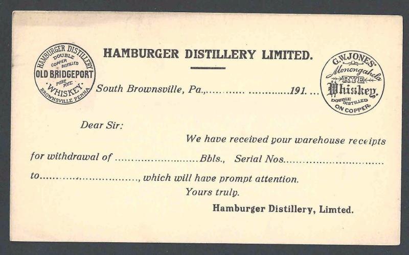 Ca 1917v UX 29 Mint Face Hamburger Distillery Ltd Makes Old Bridgeport Rye--- 