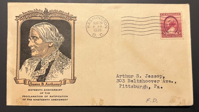 SUSAN B ANTHONY #784 AUG 26 1936 WASHINGTON DC FIRST DAY COVER (FDC) BX4
