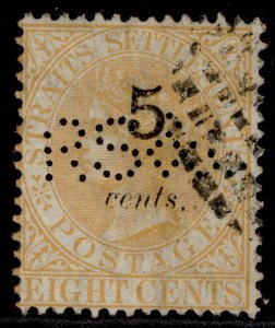 MALAYSIA - Straits Settlements QV SG41, 5c on 8c orange, USED. Cat £325. PERFIN