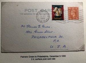 1950 Palmers Green England Christmas Label Postcard Cover To Philadelphia Pa Usa