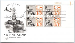 US FIRST DAY COVER REVISED DESIGN 15c AIRMAIL PLATE BLOCK OF (4) 1961