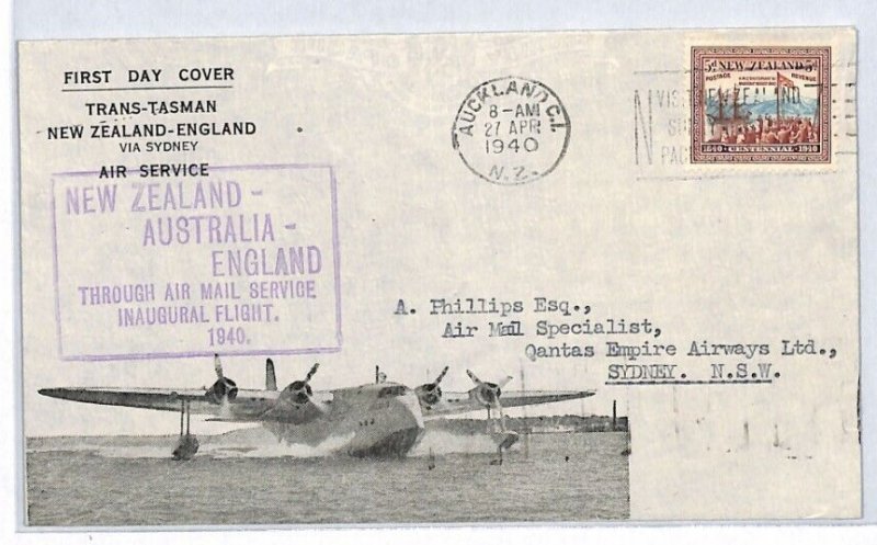 NEW ZEALAND Air Mail Cover FIRST FLIGHT QANTAS GB via AUSTRALIA Sydney 1940 YL93