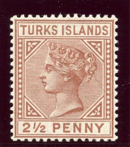 Turks Islands 1882 QV 2½d red-brown MLH. SG 56. Sc 49.