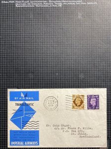 1939 London England Airmail Cover FFC Imperial Airways to St Johns Newfoundland