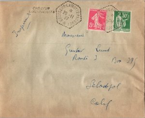 France 5c Sower and 30c 'Peace' with Olive Branch 1937 Croiseur-Lamotte-Picqu...