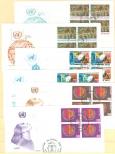 United Nations-Geneva 41-42/46-47/48-49 1974-75 arts, Space, women's year 18, 6 FDCs, artmaster cachets; 6 different blo...