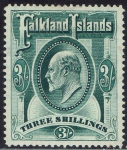 FALKLAND ISLANDS 1904 KEVII 3/- 