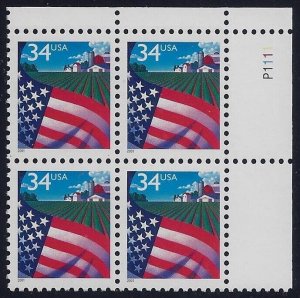 3469 - 34c Plate# Block of 4 Flag Over Farm Cat $25 Mint NH