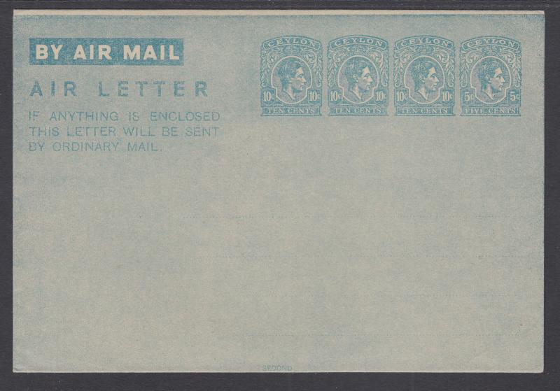 Ceylon H&G FG6 mint 1947 35c KGVI Aerogramme on Unwatermarked Paper, VF