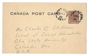 Port Severn, Ontario Canada 1937 KGV Postal Card to Columbus, Ohio, Rimless cds